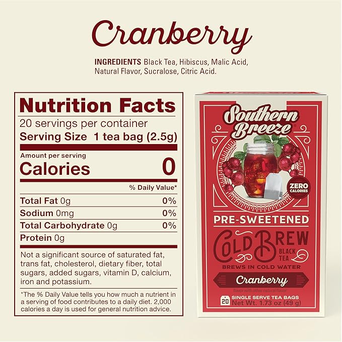 Southern Breeze Cold Brew Sweet Tea Cranberry Iced Tea with Black Tea and Zero Carbs Zero Sugar 20 Individually Wrapped Tea Bags Pack of 4