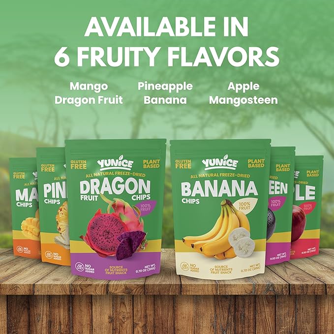 YUNiCE Dragon Fruit Chips freeze dried dragon fruit snack red dragon fruit 100% real fruit no sugar added gluten free plant-based crispy on-the-go pouches DRAGON FRUIT 0.70 Ounce (Pack of 12)