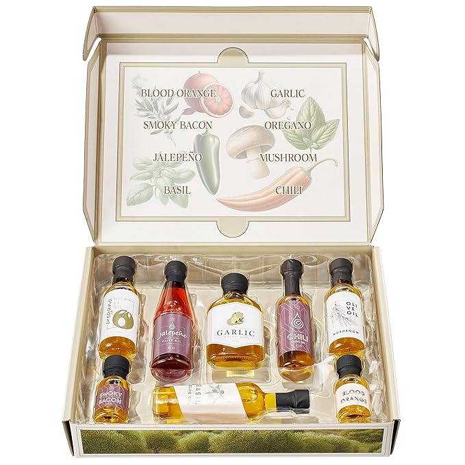 Kiri &amp Sons Olive Oil Gourmet Sampler Gift Set of 8 - Premium Extra-Virgin Olive Oil Made In Spain Natural Flavors Include Mushroom Chili Garlic Oregano Blood Orange Smoky Bacon Jalapeno B