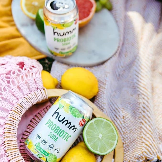 Humm Sparkling Probiotic Lemon Lime Soda Zero Sugar Zero Calorie 2 Billion Probiotics Vitamin C D and B12 12 fl oz (Pack of 12)