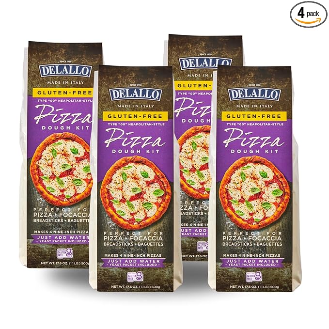 DeLallo Gluten Free Flour Pizza Kit 17 oz Bag (4 Pack) All Purpose Pizza Dough Mix for Baking Crust Bread and Calzones Vegan Dairy Free