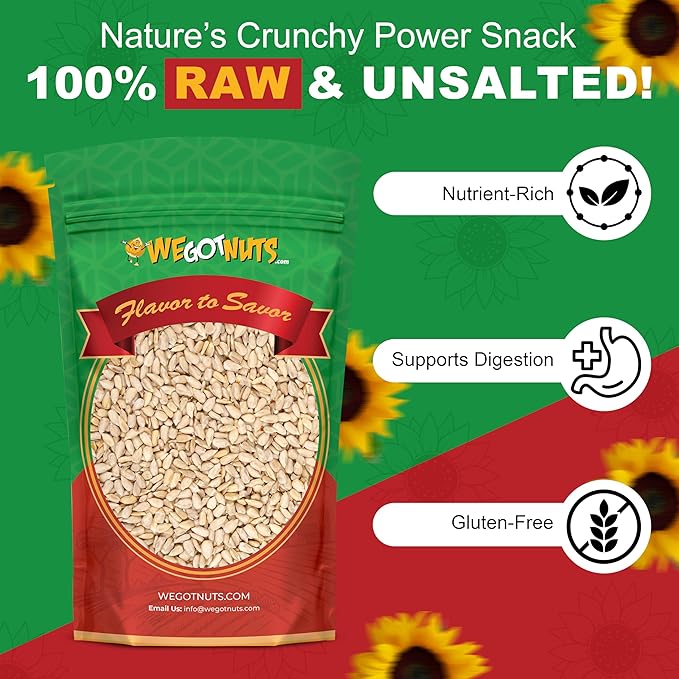 Raw Sunflower Seed Kernels by We Got Nuts - Premium Quality Kosher Shelled Sunflower Seeds - Natural &amp Healthy Fitness &amp Diet-Friendly Snack- Raw Shelled &amp Unsalted- Air-Tight Resalable B