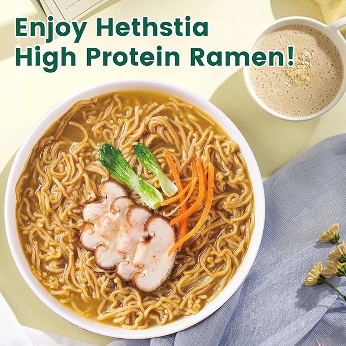 Hethstia High Protein (26g) Ramen Cup Noodles Chicken Flavor 6 Count Plant Based Vegan Noodle Soup Non Fried Low Sugar Low Fat Ready to Eat Healthy Asian Meal &amp Holiday Gift