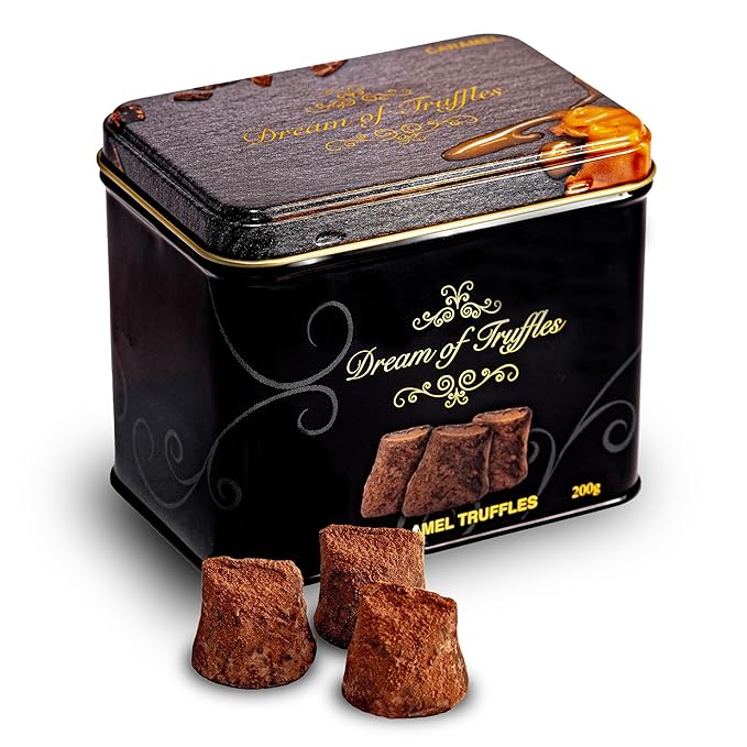 Dream of Truffles - Dark Cocoa Caramel Truffles | Sweet &amp Velvety Caramel Center | Smooth &amp Creamy texture | Dark Cocoa Dusted Candy Truffles in a Premium Gift Box | Made in Sweden | 200g