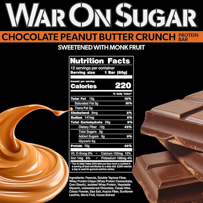 War on Sugar Chocolate Peanut Butter Crunch - High Protein Bars No Sugar Added 15g Protein 7g Net Carbs Keto Friendly Gluten Free All-Natural Ingredients Monk Fruit Sweetened No Crash - 12 Cou