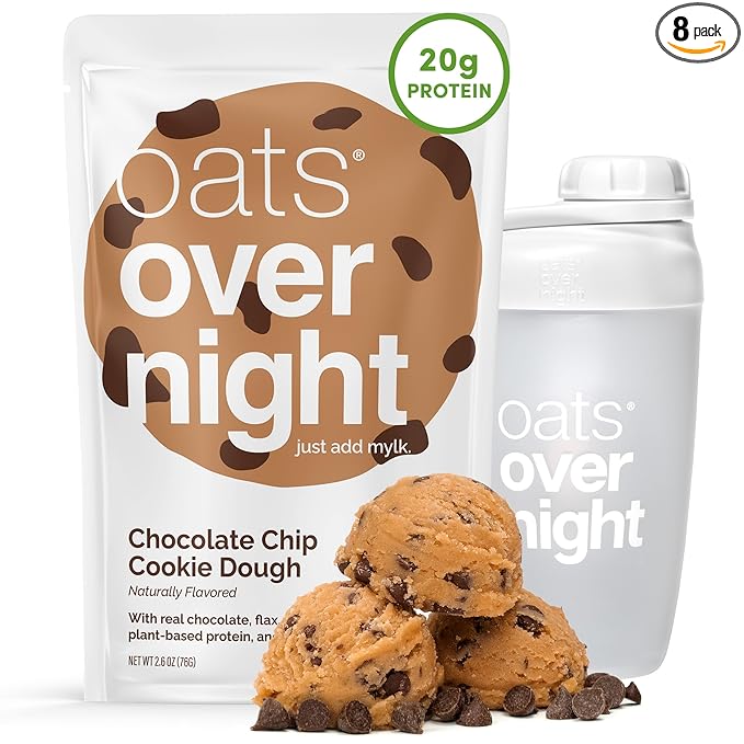 Oats Overnight - Chocolate Chip Cookie Dough - Vegan 20g Protein High Fiber Breakfast Shake - Gluten Free Non GMO Oatmeal (2.6 oz per meal) (8 Pack + Shaker Bottle)