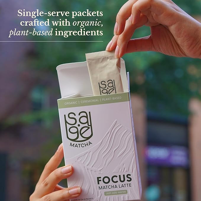 Sage Matcha Focus Organic Matcha Latte Packets - Ceremonial Grade Japanese Matcha Powder with Oat Milk - Unsweetened Plant-Based Instant Matcha Latte Drink Mix Dairy-Free - 6 Single-Serve Sticks