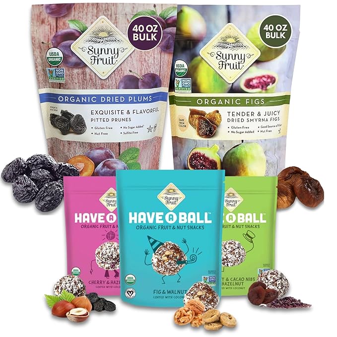 Sunny Fruit Organic Turkish Dried Figs &amp Prunes – 5 lb Bulk + RAW Fruit &amp Nut Balls Variety (3x9) Gut Healthy Bundle High Fiber Natural Snacks – No Sugar Added Vegan Non-GMO Kosher Halal