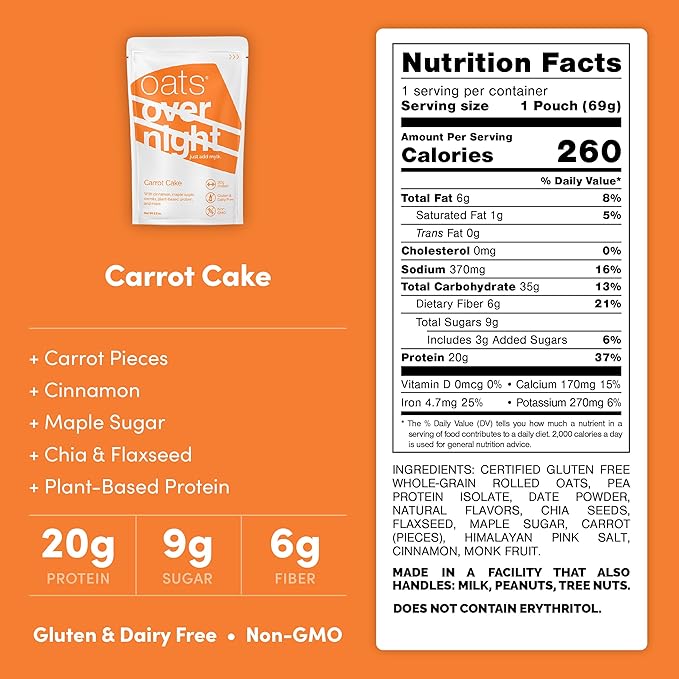 Oats Overnight Carrot Cake - Overnight Oats with 20g Whey Protein High Fiber Breakfast Protein Shake - Gluten Free Oatmeal Non GMO High Protein Oatmeal (2.5 oz per Meal) (24 Pack)