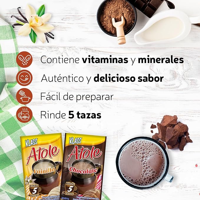 Klass Atole De Fecula de Maiz Variety Pack of 2 Chocolate-Vanilla Flavors with 24 Envelopes (12 Chocolate Sachets 12 Vanilla Sachets)