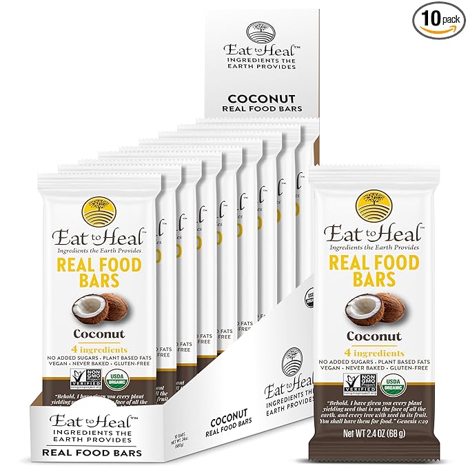 EatToHeal Coconut Real Food Bar - Organic Vegan Healthy Gluten Free Protein Bars - Low Sugar Meal Replacement Bar Non GMO Never Baked Plant Based - Crafted to Enjoy Not Sit on Shelves