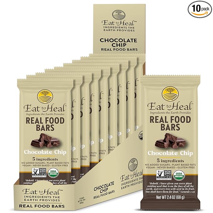 EatToHeal Chocolate Chip Real Food Bar - Organic Vegan Healthy Gluten Free Protein Bars - Low Sugar Meal Replacement Bar Non GMO Never Baked Plant Based - Crafted to Enjoy Not Sit on Shelves