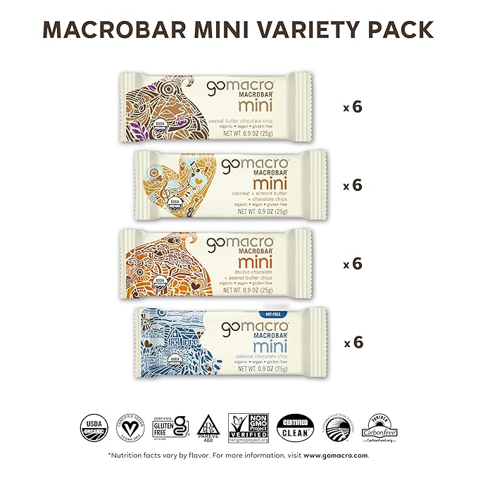 GoMacro MacroBar Mini Organic Vegan Protein Bars Variety Pack 0.9 Oz 24 Count