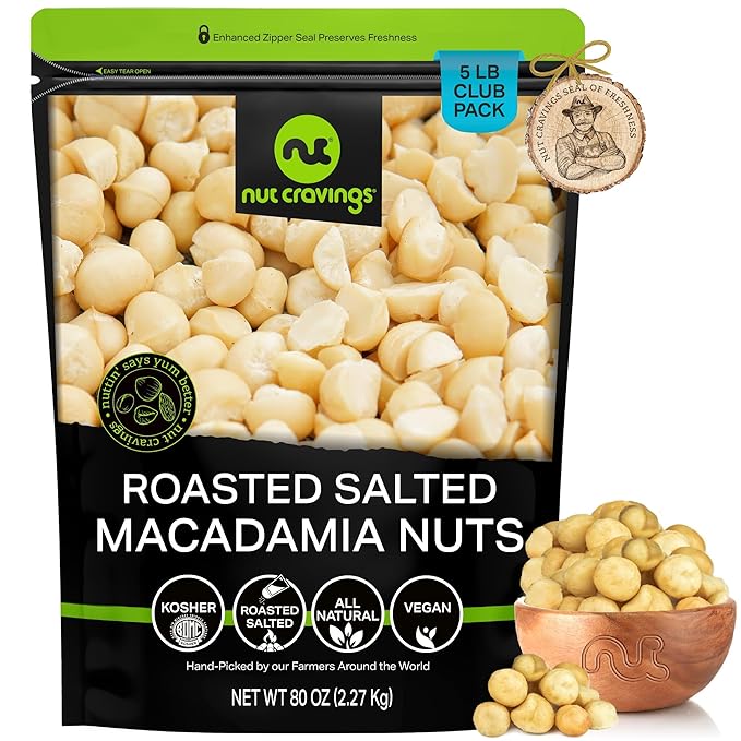 NUT CRAVINGS - Roasted &amp Salted Macadamia Nuts - No Shell (80oz - 5 LB) Bulk Nuts Packed Fresh in Resealable Bag - Healthy Protein Food Snack Food Assortments Hazelnut