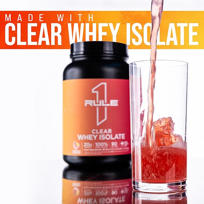 Rule 1 Proteins Clear Whey Isolate - 20g All-Whey Isolate Protein Mix Over 9g EAAs 90 Calories Zero Sugar Easy to Digest Light Crisp and Refreshing Taste (27 Servings Peach Mango)
