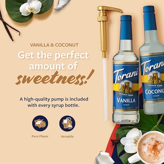 Torani Sugar Free Coconut Syrup and Sugar Free Vanilla Syrup Variety 2-Pack Coffee Syrups for Drinks Pumps Included 25.4 Fl Oz Ea