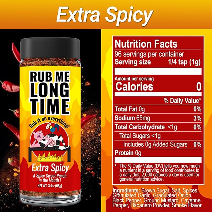 RUB ME LONG TIME (96g)| Sweet Salty &amp Spicy BBQ Rub | Original Smokin' Chipotle Extra Spicy | Perfect for Chicken Pork &amp Seafood