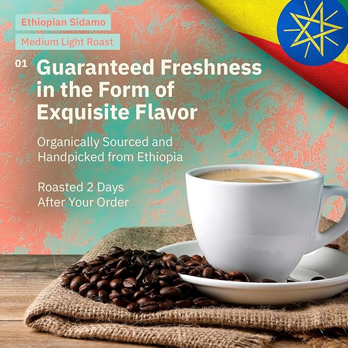 Ethiopian Sidama Coffee – 1LB Single Origin Medium-Light Roast Freshly Roasted Coarse French Press Grind Specialty Grade Non-GMO