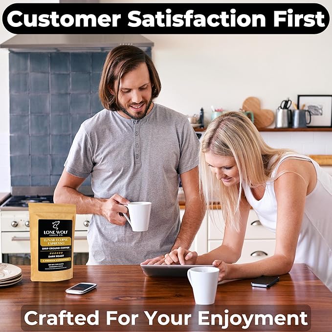 Lunar Eclipse Espresso - Freshly Roasted After Your Order – Specialty Grade Low Acid Artisanal Dark Roast Drip Ground Coffee No Bitterness Ethically Sourced 12OZ Compostable Bag