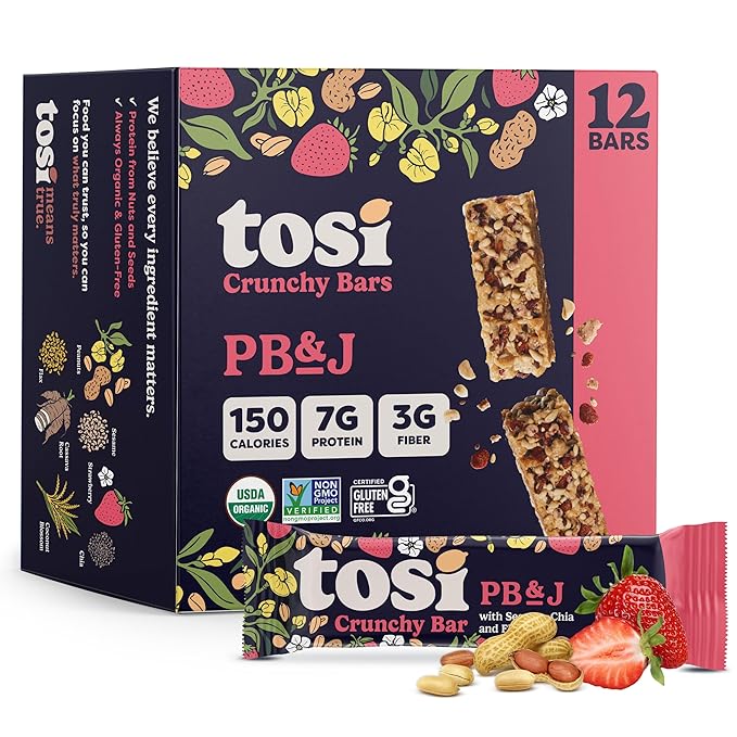 Tosi Nut Bars PB&ampJ Healthy Snacks for Adults &amp Kids Plant Based Crunchy Bars (7G Protein) Organic Keto Snacks Vegan Gluten &amp Soy Free Low Sugar Omega 3s 1oz 12-Pack