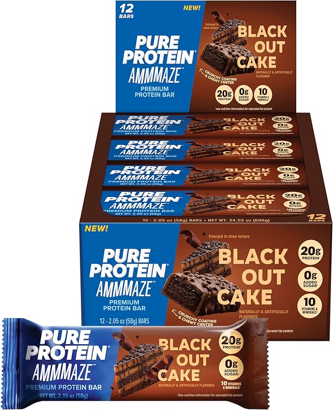 Pure Protein AMMMAZE Blackout Cake Protein Bars 12 Count – 20g Protein 3g Fiber No Added Sugar – Chocolate Meal Replacement - On the Go Snacks