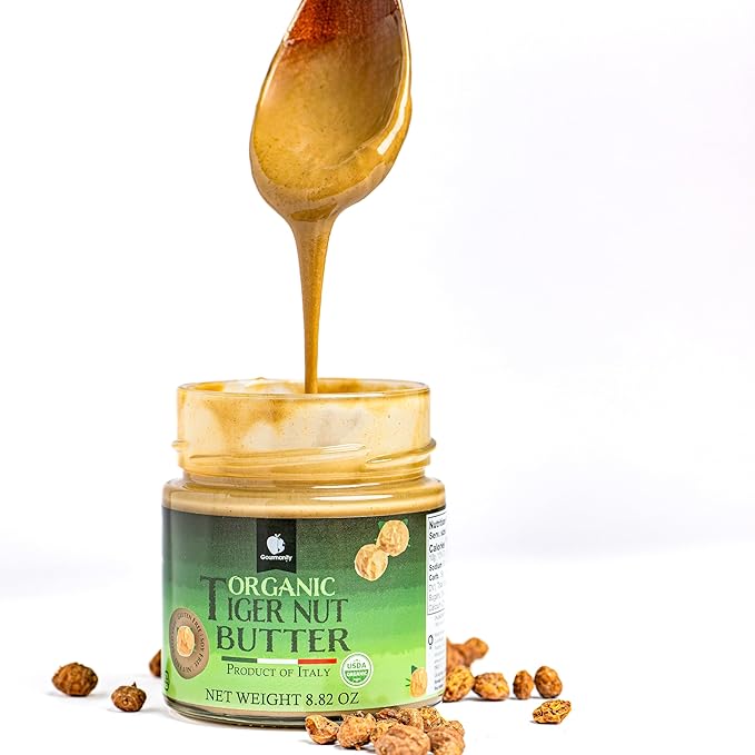 Gourmanity Organic Tigernut Butter Sweet and Nutty Tasting Nut Free Peanut Butter Alternative Compliant With Low Fodmap And Whole 30 Diets Ideal For Dipping And Drizzling 8.8oz / 250g Jar