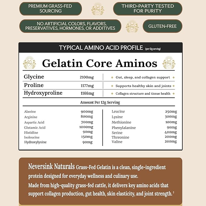 Neversink Naturals Grass Fed Gelatin Powder - Unflavored – 100% Grass-Fed Bovine Gelatin – 11g Protein – Keto &amp Paleo – Beef Gelatin Powder for Gummies Bone Broth Baking Desserts and Cooking