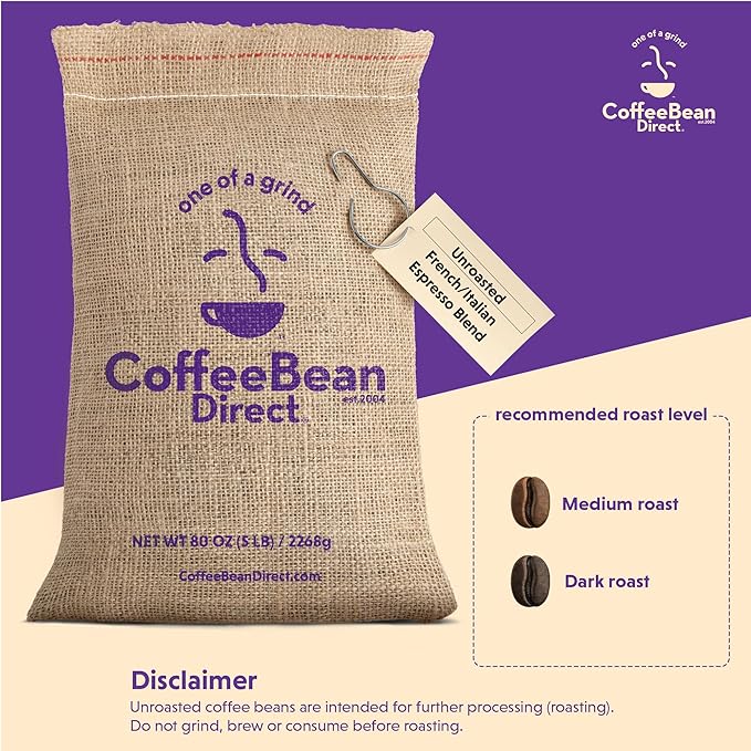 Coffee Bean Direct Unroasted French/Italian Espresso Blend 5 Pound (Pack of 1)