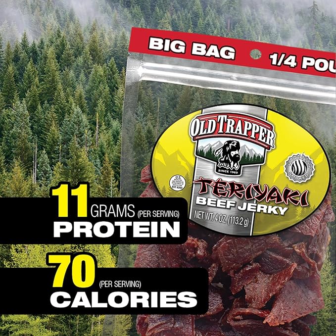 Old Trapper Beef Jerky Teriyaki 1/4-Pound Individual Package Savory and Sweet Meat Snack for Lunches or Between Meals 11 Grams of Protein Zero Grams of Fat 70 Calories per Serving (Pack of 8)
