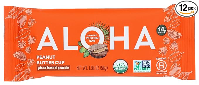 Aloha Peanut Butter Cup Protein Bar Plant Based Non GMO 1.98 Ounces (Pack Of 12)