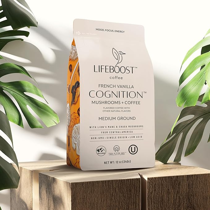 Lifeboost French Vanilla Cognition Mushroom Coffee - Low Acid Medium Organic Coffee with Nootropic Lions Mane &amp Chaga Mushrooms - Increase Energy Boost Focus &amp Immune Support - 12 oz Bag - Gr