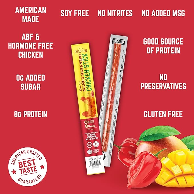 Field Trip Spicy Mango Habanero Chicken Jerky Sticks - Hormone Free Zero Sugar Keto Paleo Gluten Free and Allergy Friendly Snack - 50 Calorie High Protein Snacks - 1oz 24 Pack