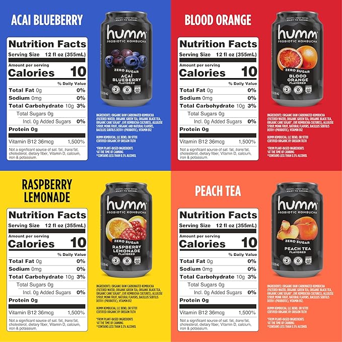 Humm Probiotic Kombucha Zero Sugar Variety Pack No Refrigeration Needed Keto Friendly Organic Vegan Gluten Free 12oz Cans (16 Pack)