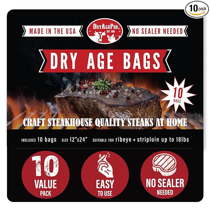 DryAgePro® Dry Age Bags for Meat 12” x 24” Bags for Ribeye and Striploin up to 18 lbs Pack of 10 No Vacuum Sealer Needed Easy-to-Use Steak Aging Kit