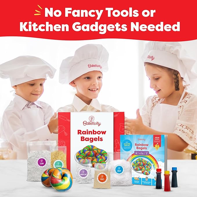 Baketivity Rainbow Bagel Kids Baking Kit - Baking Kits for Kids with Premeasured Ingredients Step-By-Step Instructions Video Guide and STEM Lessons - Cooking for Ages 6-12+