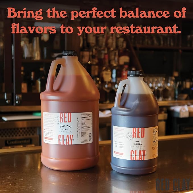 Spicy Hot Honey by Red Clay Hot Sauce Gluten Free Paleo Friendly Raw Wildflower Honey Sustainably Sourced Unique Sweet Condiment and Marinade Medium Heat Made in USA Bulk Size ½ Gallon Jug