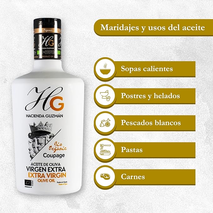 HACIENDA GUZMÁN - Extra Virgin Olive Oil Bio Mix of Manzanilla Hojiblanca and Arbequina Variety. Perfect for cooking baking and Salad Dressing. Available in 16.9 FL OZ (500 mL) Bottle.