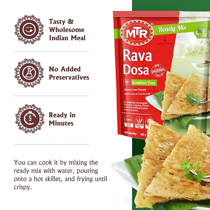 MTR Instant Rava Dosa Mix - Ready to Cook Authentic Indian Breakfast Lunch Dinner or Snack Meal - No Added Preservatives - A Quick &amp Easy Recipe Suitable for Vegetarians - (500g Pack of 3)