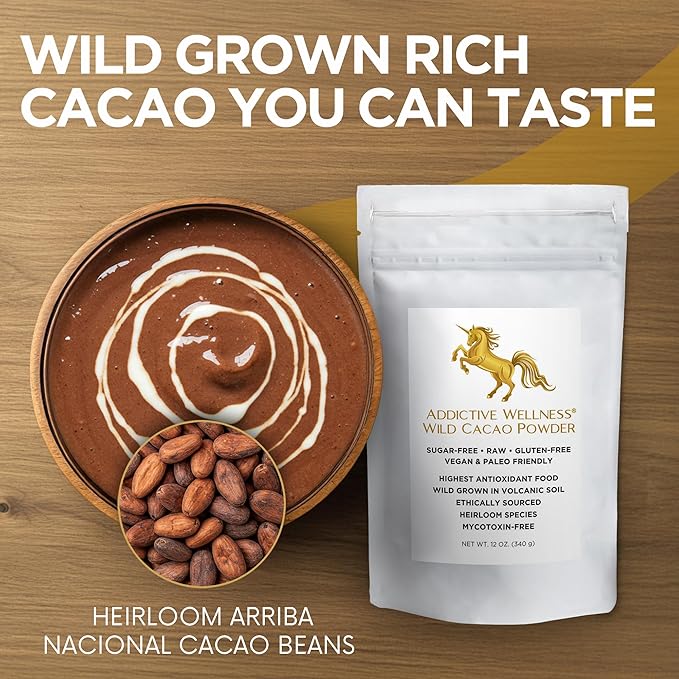 Addictive Wellness Raw Cacao Powder - Wild-Grown Heirloom Mycotoxin-Free Arriba Nacional Chocolate Cocoa Powder Unsweetened Vegan Keto &amp Paleo Friendly Raw Cacao Powder 340g (12 Ounce)