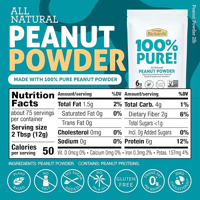 Crazy Richard's 100% All-Natural Peanut Butter Powder with No Added Sugar and Non GMO (2 Pound Bag Pack of 1)