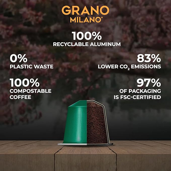 Grano Milano Cremoso Coffee Capsules - 100 Aluminum Coffee Pods Compatible with Nespresso Original line100% Arabica Medium Roast - Intensity 8/12 Made in Italy