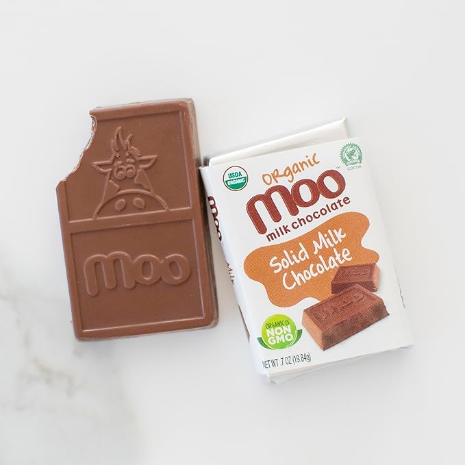 Moo Chocolates Organic Solid Milk Chocolate Mini Bars 0.7oz 28 ct (Pack of 2) | USDA Organic Non-GMO | 110 Calorie Snacks for On-the-Go Lunchboxes Office