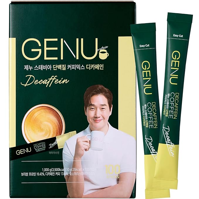 GENU Stevia Protein Coffe Mix Instant Coffee (100 sticks Decaffein) Korea's No1 selling Zero Sugar Coffee Mix