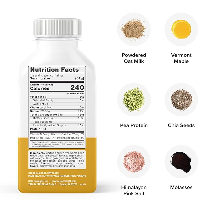 Oats Overnight Maple Brown Sugar Bottled Shake - Gluten Free Non-GMO Vegan Friendly Breakfast Meal Replacement Shake with Powdered Oat milk. 15g of Protein (10 Pack)
