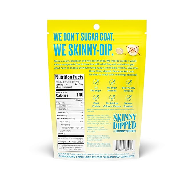 SkinnyDipped Lemon Bliss Almonds Healthy Snack Plant Protein Gluten Free 3.5 oz Resealable Bags Pack of 5