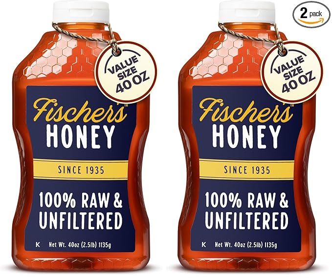 Fischer’s 100% Pure Raw &amp Unfiltered Honey – USA Made Honey – All-Natural Sweetener – Rich Flavor Profile Packed with Nutrients 40 oz (Pack of 2)