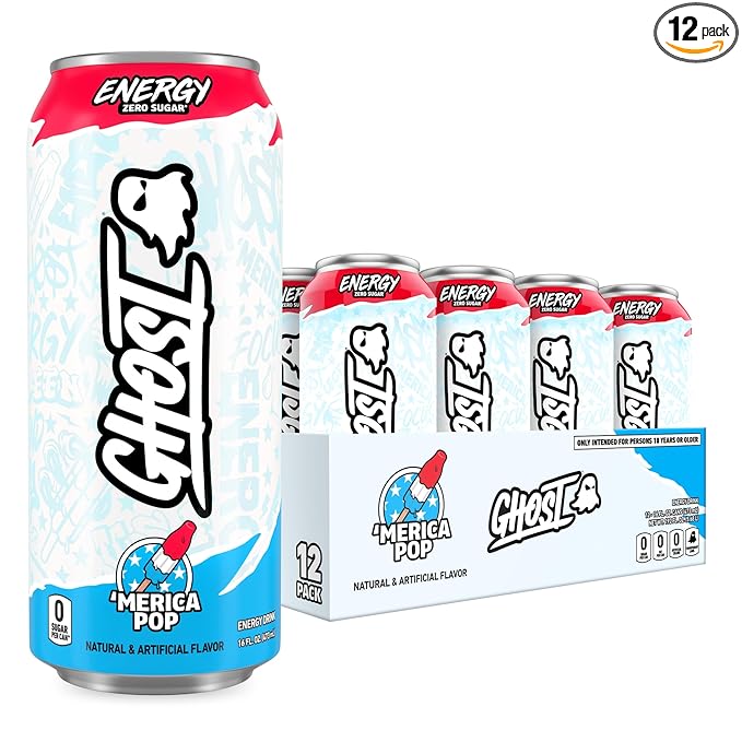 GHOST Energy Drink - 12-Pack 'Merica Pop 16oz Cans - Energy &amp Focus &amp No Artificial Colors - 200mg of Natural Caffeine L-Carnitine &amp Taurine - Gluten-Free &amp Vegan