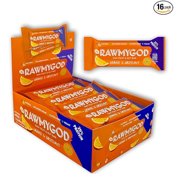 RAWMYGOD Fruit and Nut Bars Good Source of Protein (10g 25% protein content) Gluten Free Vegan No Added Sugar (16 bars Orange &amp Hazelnut)