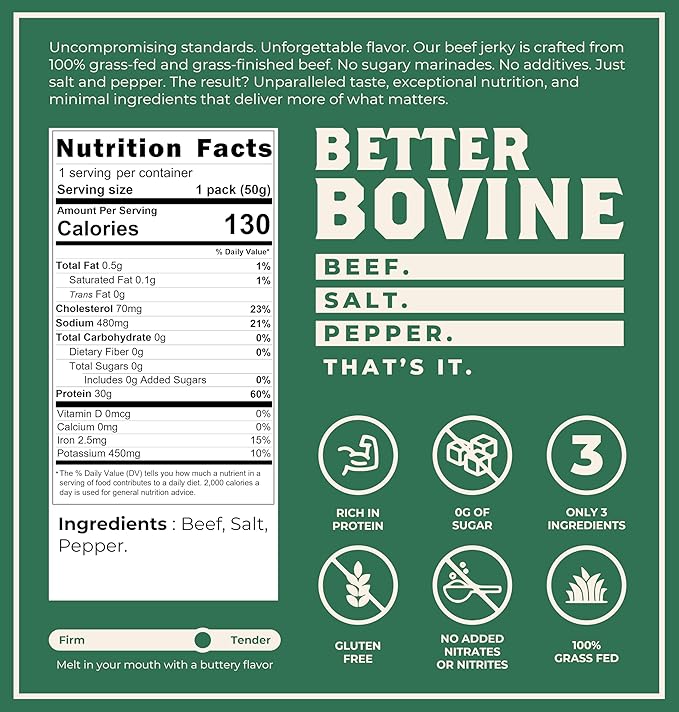 BETTER BOVINE Grass Fed Extra Lean Beef Jerky Keto Paleo Low Carb High Protein Gluten Free Sugar Free Non-GMO Nitrate Free Preservative Free No Antibiotics No Added Hormones 30g Protein 0