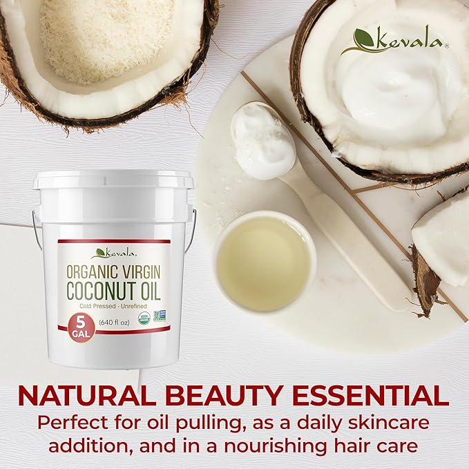 Kevala Organic Coconut Oil - Great in High-Heat Cooking and Baking for Homes and Foodservice Natural and Fresh Coconut Flavor that Complements Recipes from Many Cultures Bulk Size for Bakeries 5 gal
